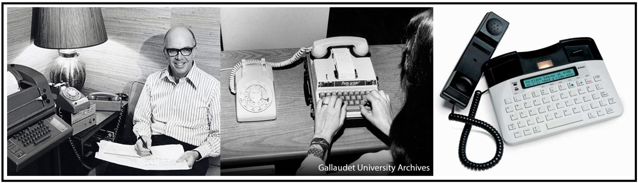 Three photos showing the evolution of the TTY over time with first black and white photo on left showing James Marsters, one of the inventors of the TTY, the second black and white photo shows a lady typing on a Krown Research PortaPrinter, last color photo on right shows a newer and smaller TTY with a LCD screen