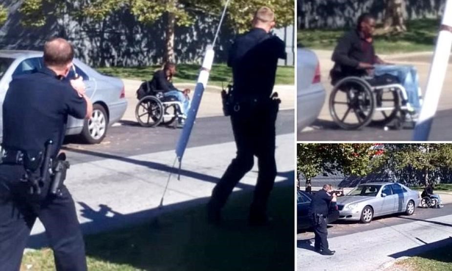 Series of three photos showing two police officers, with guns drawn at a man in a wheelchair.