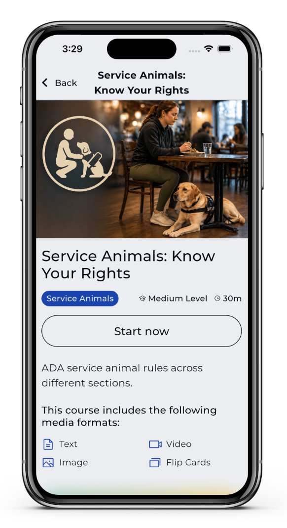 App screenshot of service animals course