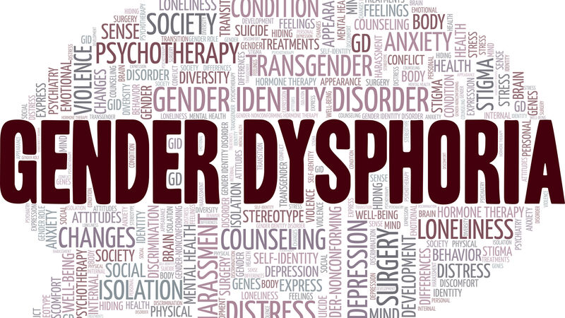 Gender Dysphoria in purple text surrounded by many texts in purple and gray