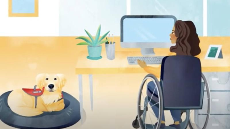 Cartoon Service Dog at workplace next to computer