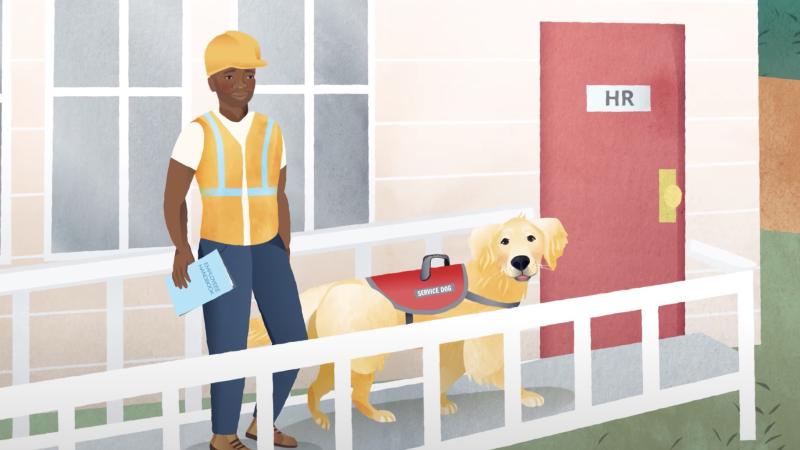 Workman with service dog walking into HR department