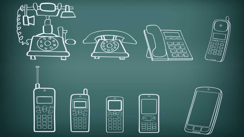 A color photo of a green blackboard showing the Evolution of Cell Phone Design over the years from an old crank style phone to a modern smart phone.