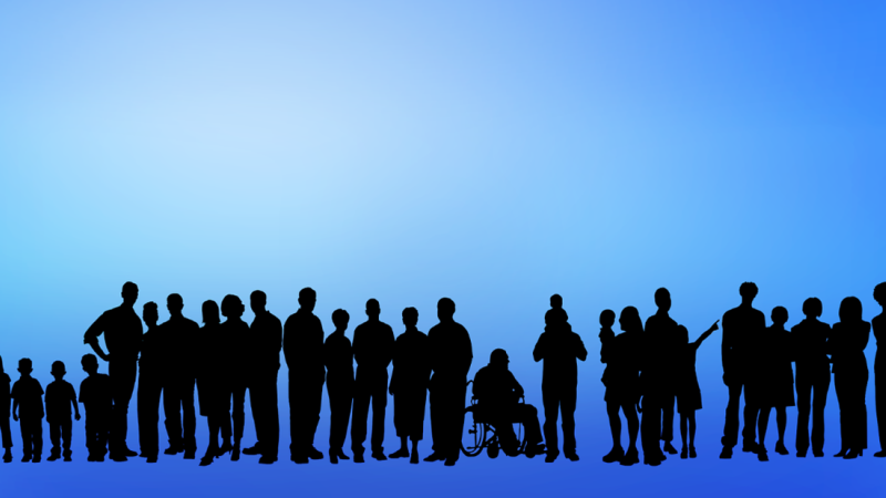 blue background with a black silhouette of people