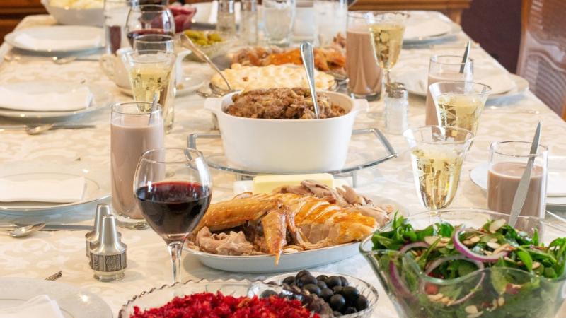 A table filled with traditional Thanksgiving food