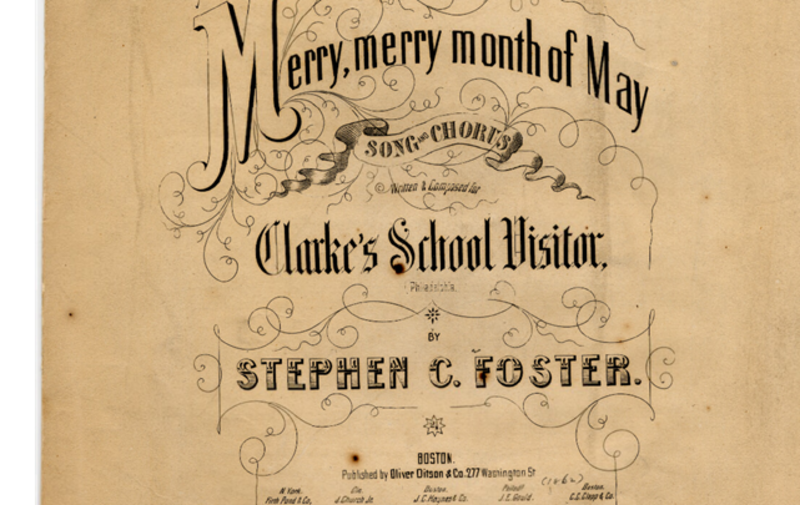 Sepia photo of a song book with the title "Merry, merry month of May."