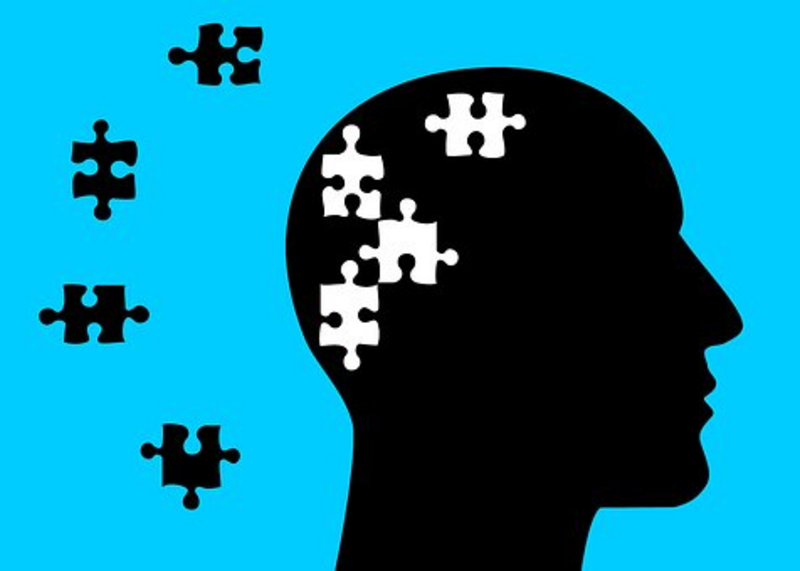 Profile of head against blue background with puzzle pieces missing from the head.