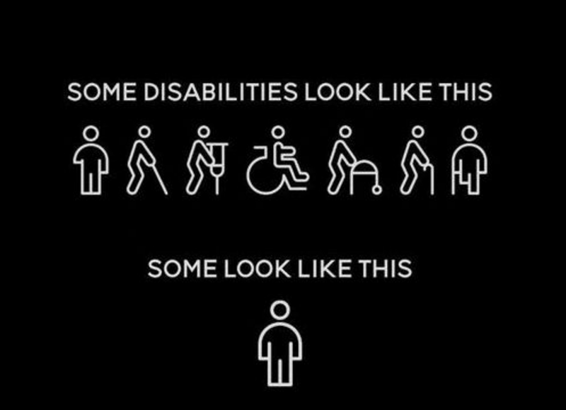 White Pictograms over a black background depicting various disabilities (arm amputee, white-cane user, crutches user, wheelchair user, walker user, walking cane user, leg amputee) with caption reading “Some disabilities look like this” followed by a pictogram of a person without an obvious disability with a caption reading “Some look like this.”