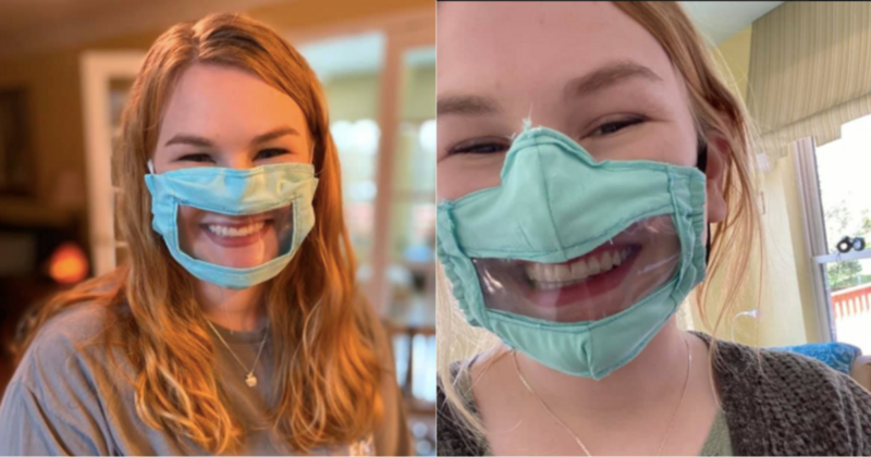 Woman wearing a surgical mask with a see-through window showing her mouth.