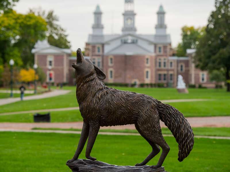 University of south dakota campus in background, wolf statue in foreground