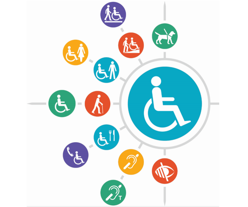 Many colored circles with symbols representing various disabilities.