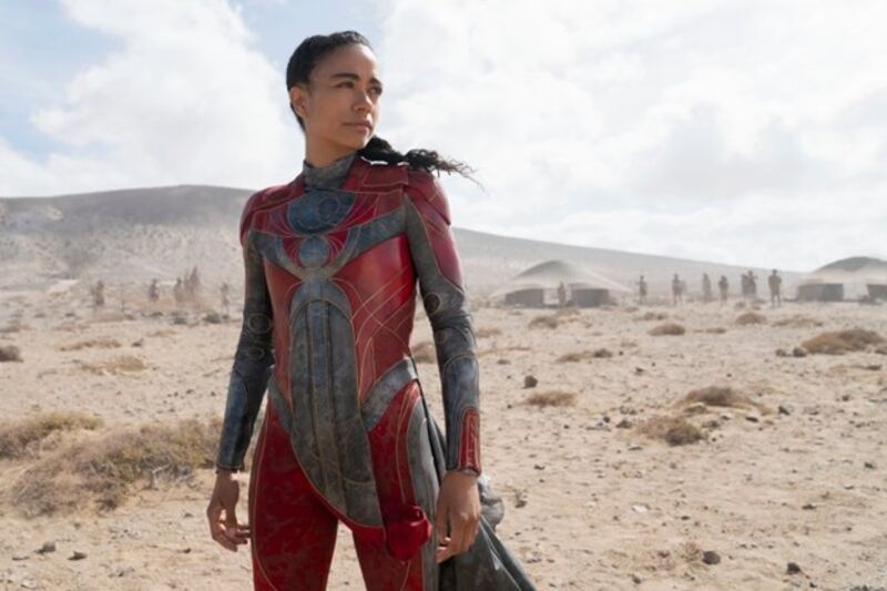 "Eternals" movie picture of first deaf superhero, Makkari, in a red and silver costume.