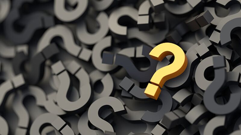 black background with black and grey question marks, one yellow question mark