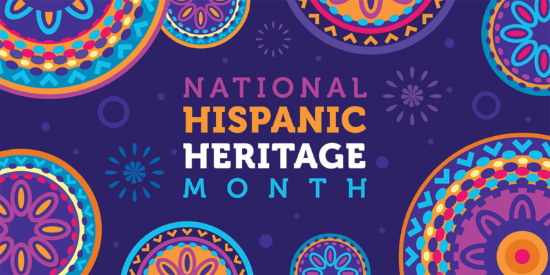 National Hispanic Heritage Month text banner with colorful Huichol pattern in the background