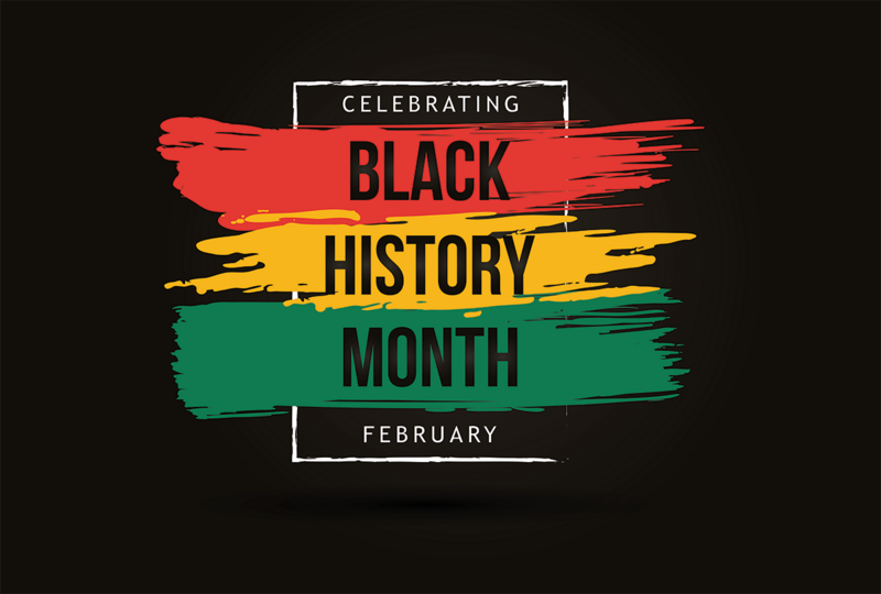 a vector illustration with the words celebrating Black History Month in black, green, yellow and red colors