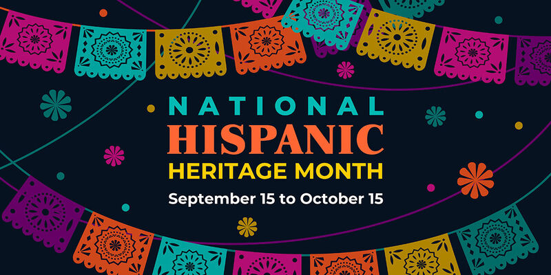 National Hispanic Heritage Month in colorful text, September 15 to October 15 in white text on navy blue background, papel picado on top and bottom of the banner