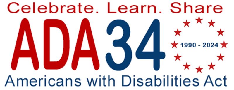 Logo of Celebrate Learn Share in red text, ADA in red text, 34 in blue text, Americans with Disabilities Act in blue text