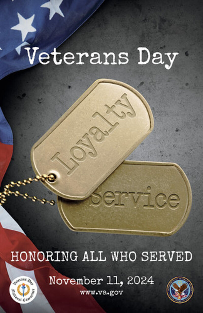 Veterans Day November 11 2024 Honoring All Who Service with two gold dog tags with texts Loyalty and Service