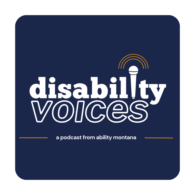 blue background with white text that says Disability Voices, the i is a microphone