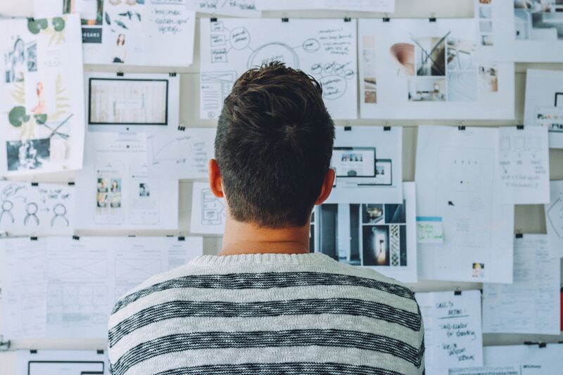a portrait of back of the subject's head as they look at a wall filled with complex diagrams and photographs