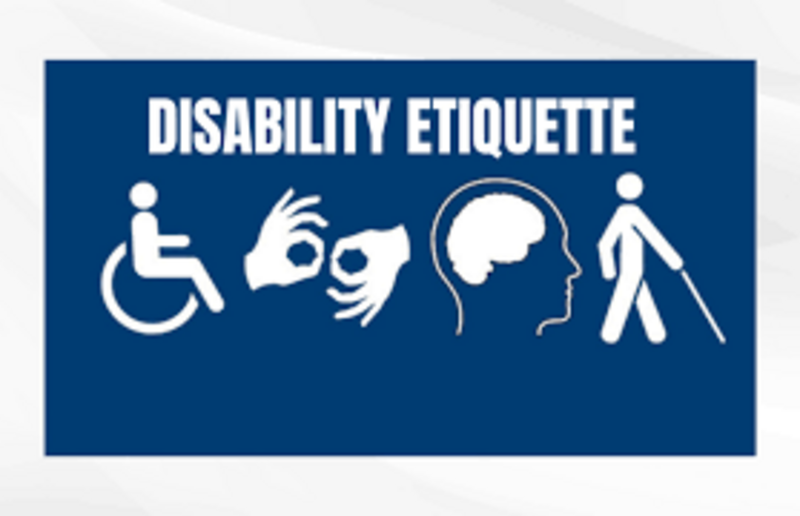 White accessibility icons against a blue background with the words Disability Etiquette.
