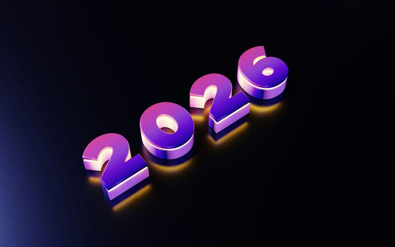 purple 3D text of 2026 on a black background