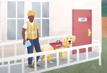 Workman with service dog walking into HR department