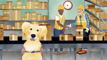 Service dog in front of factory workers shaking hands