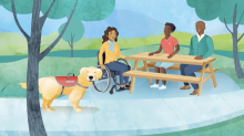 Service dog in part with three people at picnic table