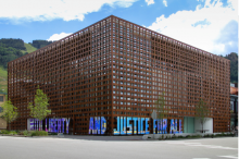 Text-based artwork installed on the exterior of the Aspen Art Museum. Oversized polished stainless steel letters spell the familiar phrase “With Liberty and Justice for All” and reflect both natural and urban surroundings.