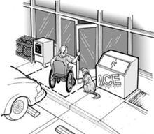 a black and white drawing of a woman in a wheelchair opening the door while her service dog waits