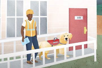 Workman with service dog walking into HR department