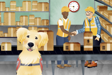 Service dog in front of factory workers shaking hands