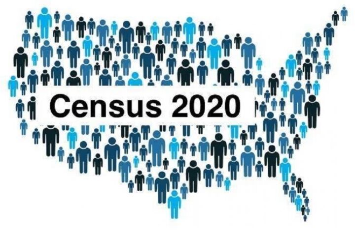 Map of U.S. made of people with text reading Census 2020