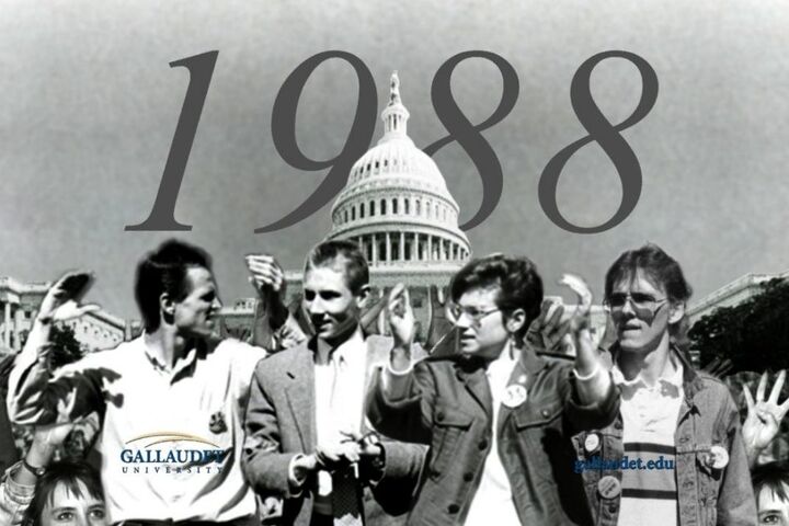 People standing in front of capitol building with with the year 1988 in the background