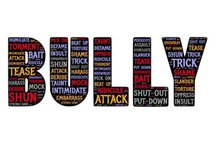BULLY in black, with colorful text inside each letter