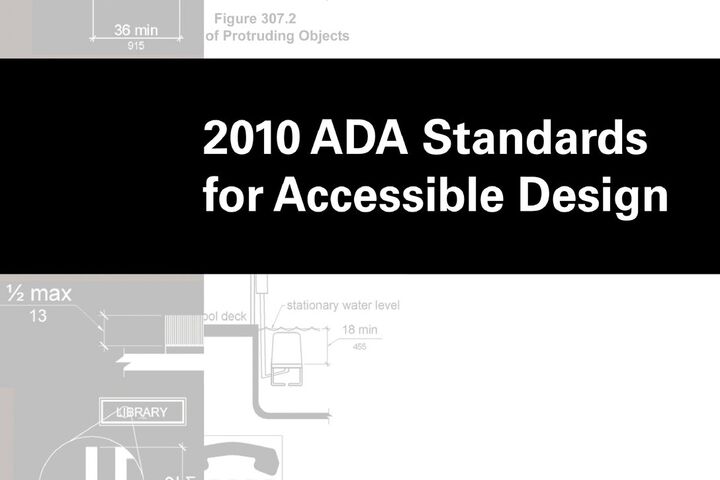 a cover page titled 2010 ADA Standards for Accessible Design in white lettering on a black panel. published by the Department of Justice on September 15, 2010. behind the black panel are light gray diagrams showing the measurements of various building elements.