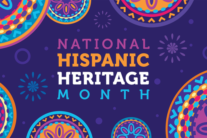 National Hispanic Heritage Month text banner with colorful Huichol pattern in the background