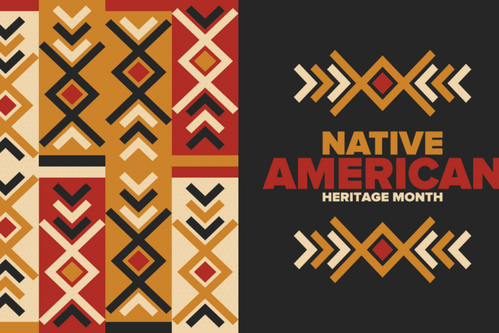 Native American Heritage Month banner with colorful tribal pattern in the background