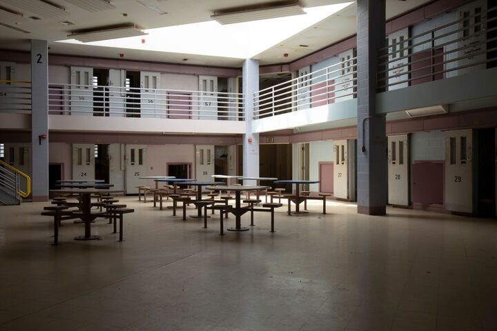 an empty lobby of a jail facility