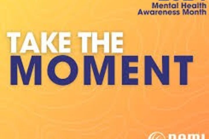 2024 Mental Health Awareness Month in blue text, Take the in white text and Moment in blue text, NAMI logo in white text and all is on orange background
