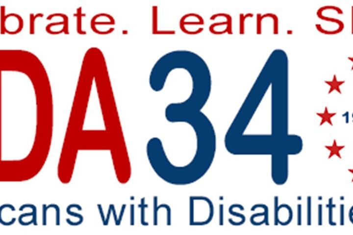 Logo of Celebrate Learn Share in red text, ADA in red text, 34 in blue text, Americans with Disabilities Act in blue text