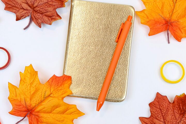 an overhead shot of a gold journal and an orange pen with orange and brown leaves scattered over it 