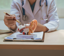 a doctor pointing with a pen at a model of the inner ear on their desk 