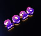 purple 3D text of 2026 on a black background